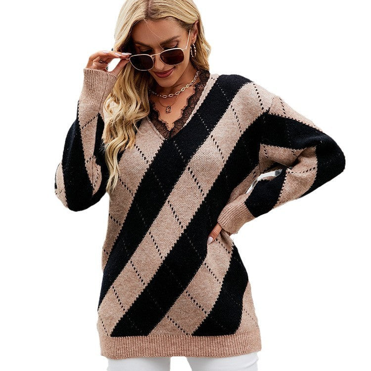 Knitted sweater for women with V-neck and modern diamond pattern Lune London