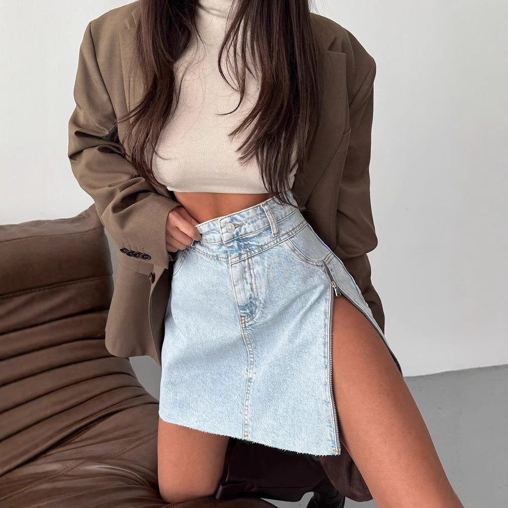 Denim skirt for women with asymmetrical hem and side zipper Lune London