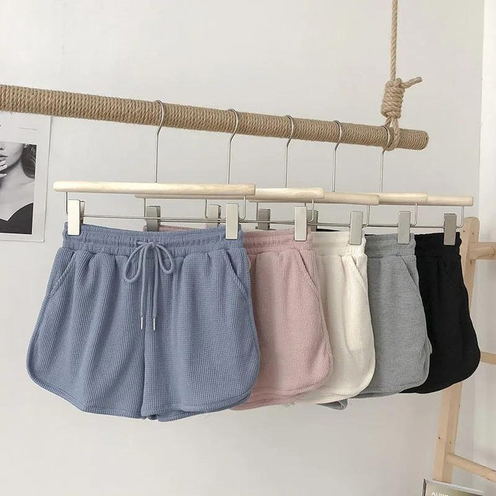 Women's casual waffle texture shorts with adjustable drawstring and elastic waistband