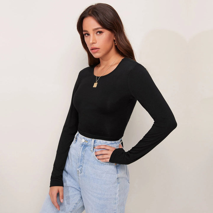 Long Sleeve Crop Shirt for Women with Elegant Ribbed Texture Chic & Stil