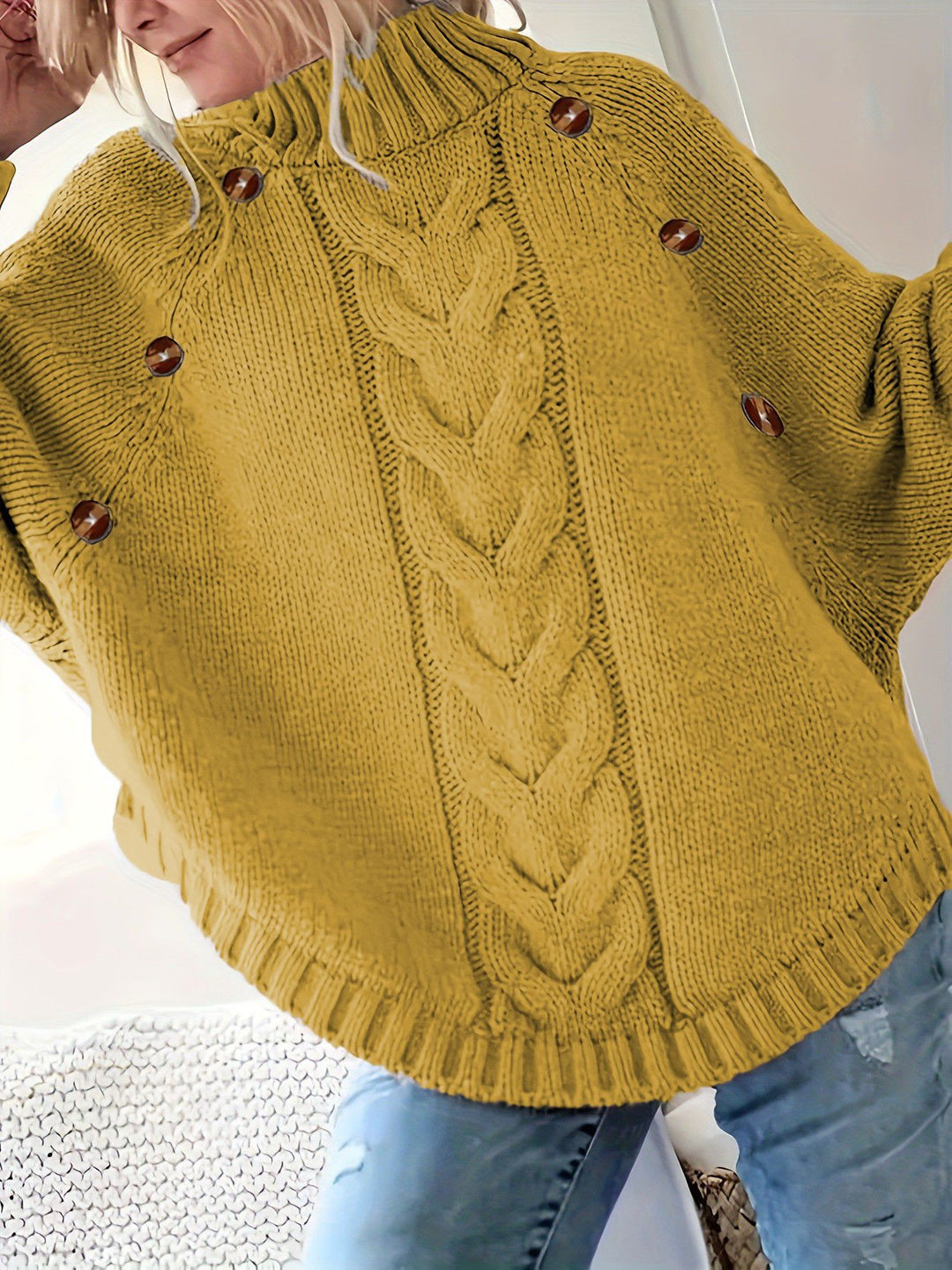 Ladies chunky knit sweater with high collar and button details Lune London