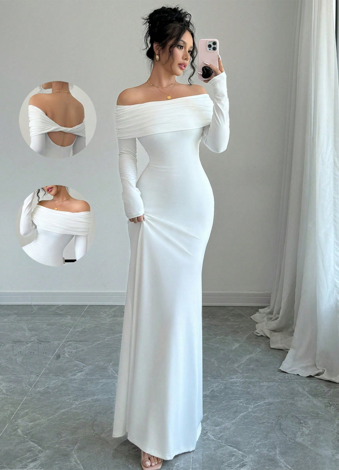 Elegant and fitted maxi dress with off-the-shoulder for women with long sleeves Lune London