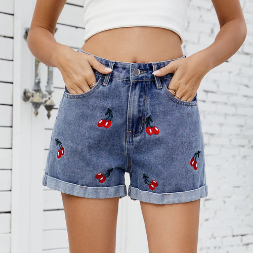 Denim shorts for women with colorful embroidered pattern and casual design Lune London