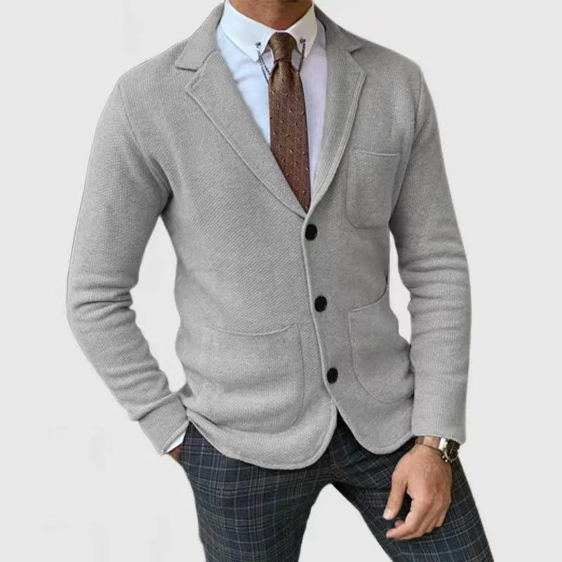 Casual knitted jacket for men with button placket and appliqué pockets Lune London