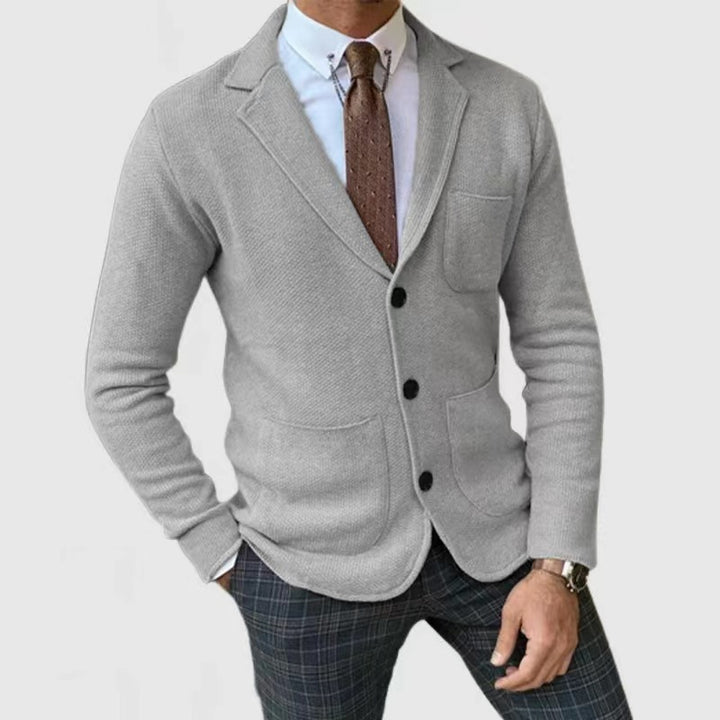 Casual knitted jacket for men with button placket and appliqué pockets Lune London