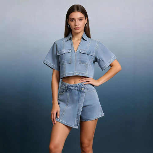 Women's stylish cropped shirt with patch pockets and casual shorts Lune London