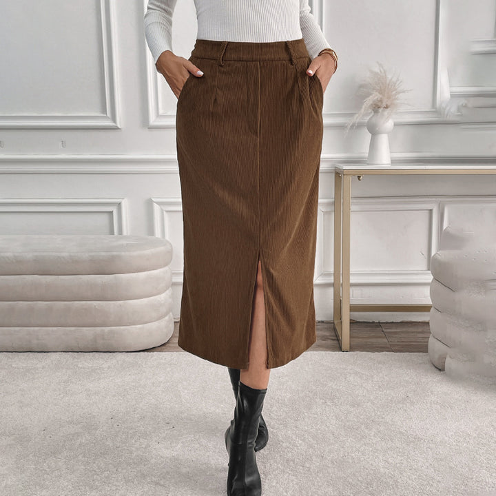 Lune London women's ribbed midi skirt with front slit