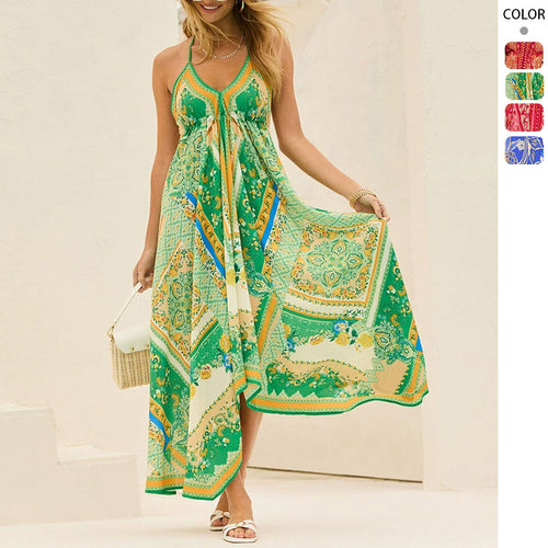 Boho-inspired maxi dress for women with an elegant V-neck and an asymmetrical hem Chic & Stil