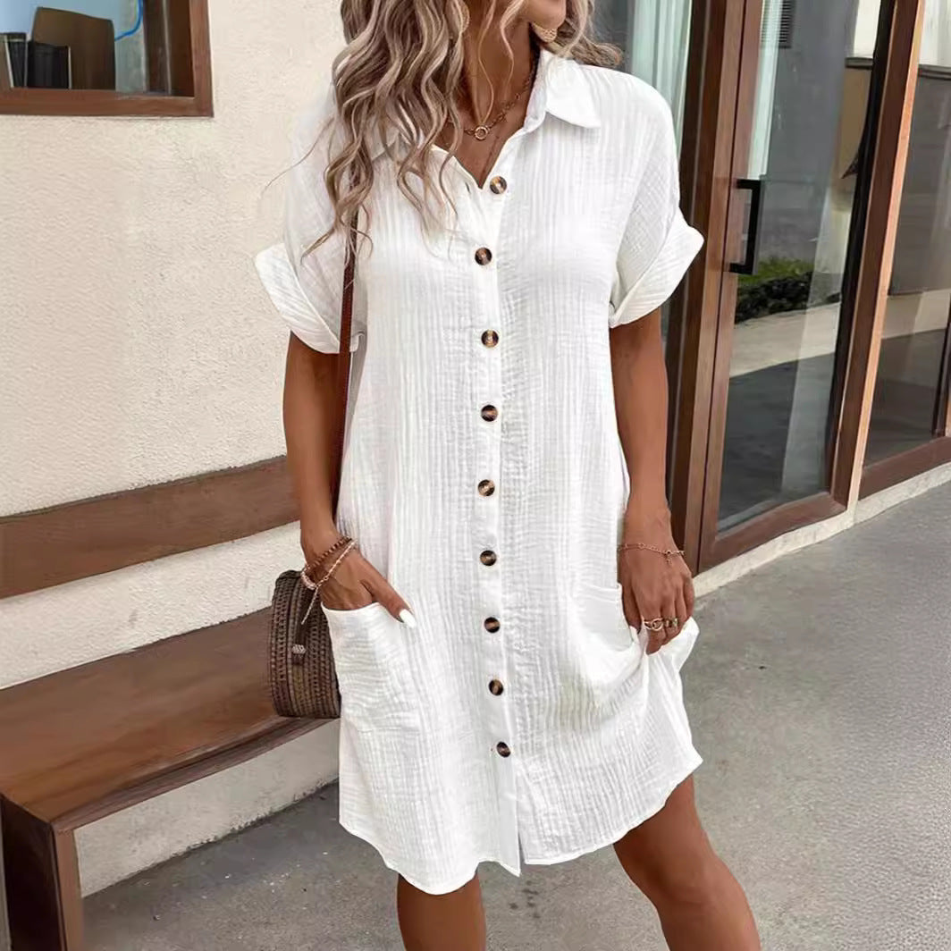 Casual button dress for women in lightweight cotton with practical pockets and rollable sleeves Lune London