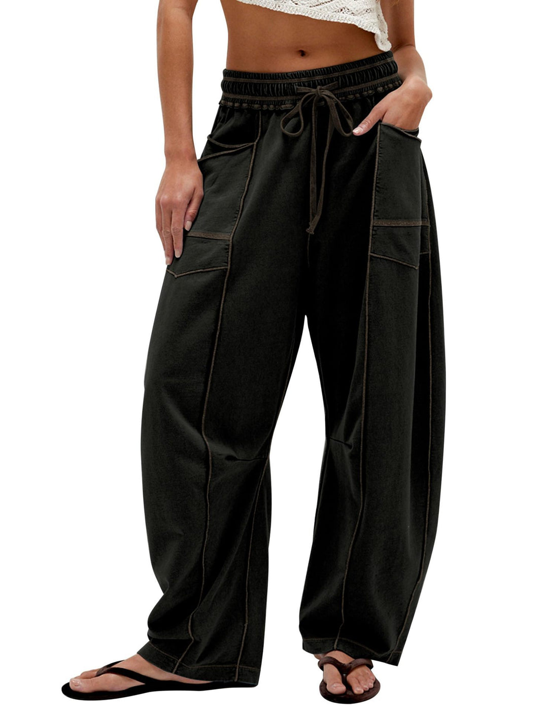 Ladies Comfortable Wide Pants with Practical Pockets and Elastic Belt Lune London
