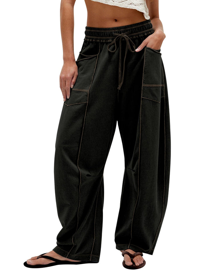 Ladies Comfortable Wide Pants with Practical Pockets and Elastic Belt Lune London
