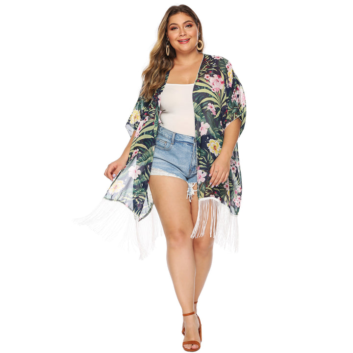 Ladies-Kimono with floral print and fringes Lune London