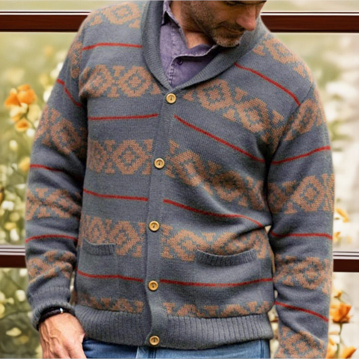 Men's knitted jacket with a modern geometric pattern and practical pockets Lune London