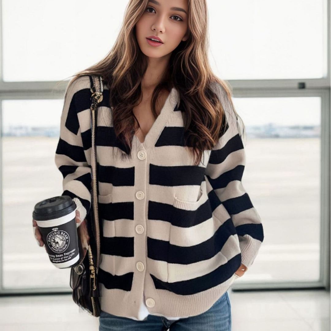 Ladies Casual Knit Vest with Deep V Neck and Striped Pattern Lune London