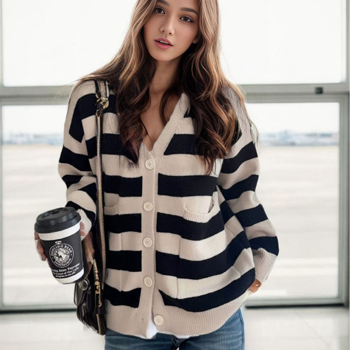 Ladies Casual Knit Vest with Deep V Neck and Striped Pattern Lune London