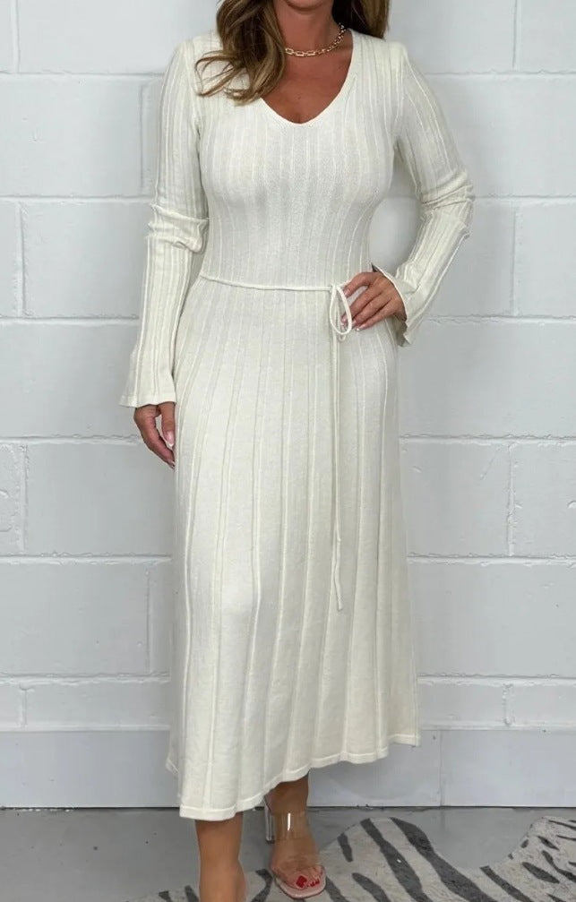Lune London Women’s V Neck Maxi Knit Dress with Waist Cord