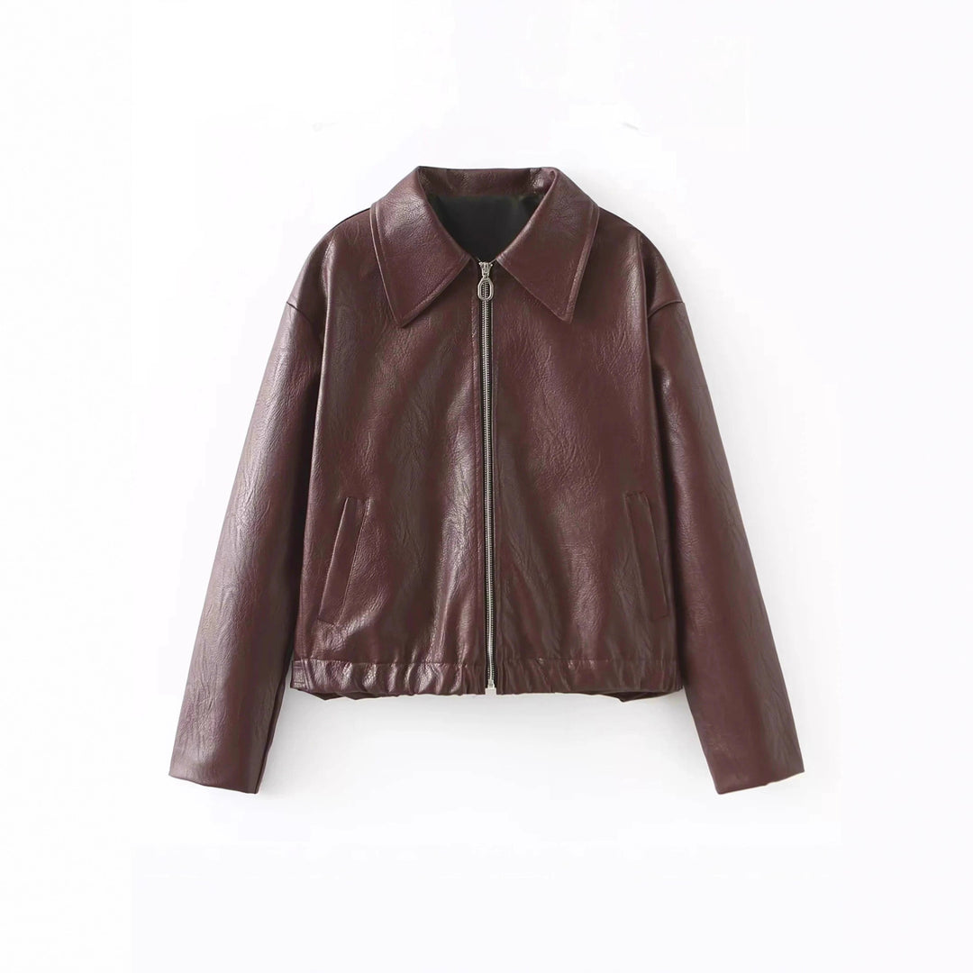Trendy faux leather jacket for women with oversized collar Lune London