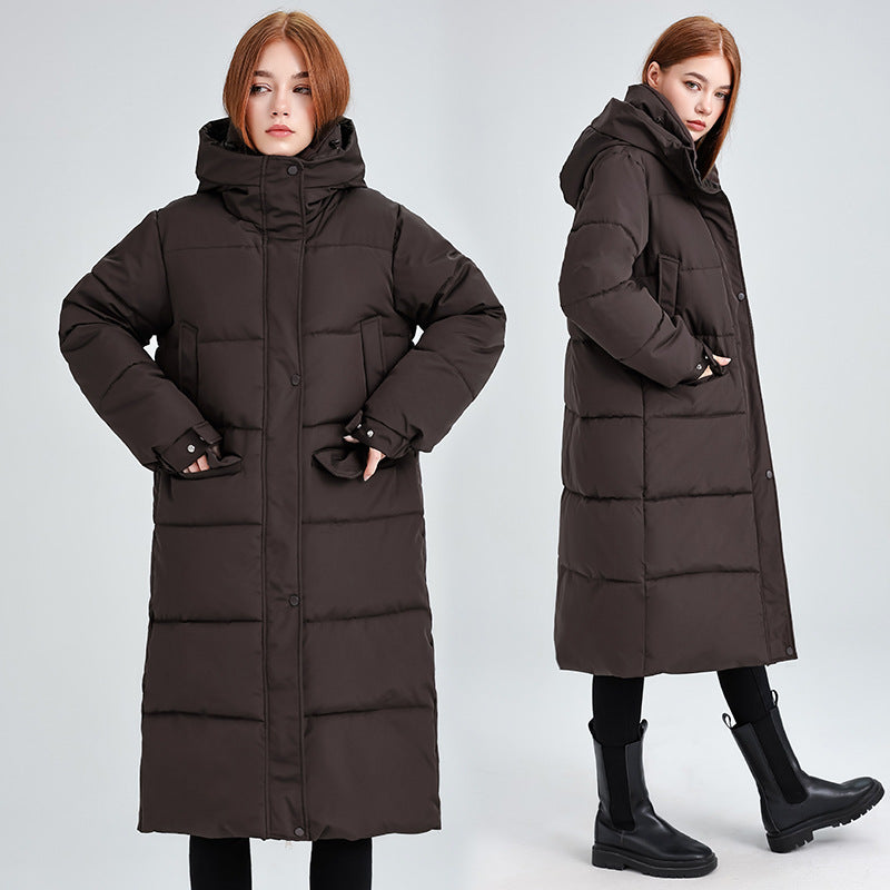 Ladies long insulated winter jacket with hood and zip-up collar Lune London