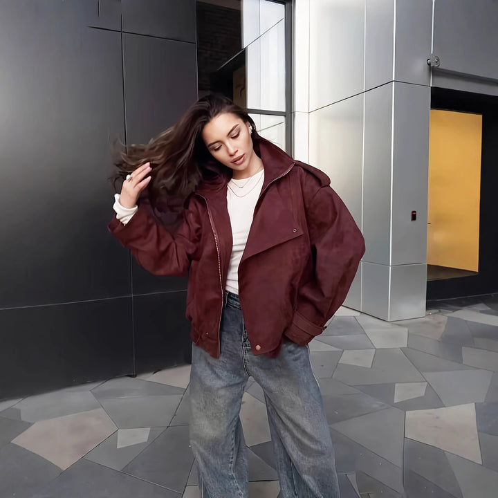 Ladies oversized jacket with high collar and asymmetrical cut Lune London