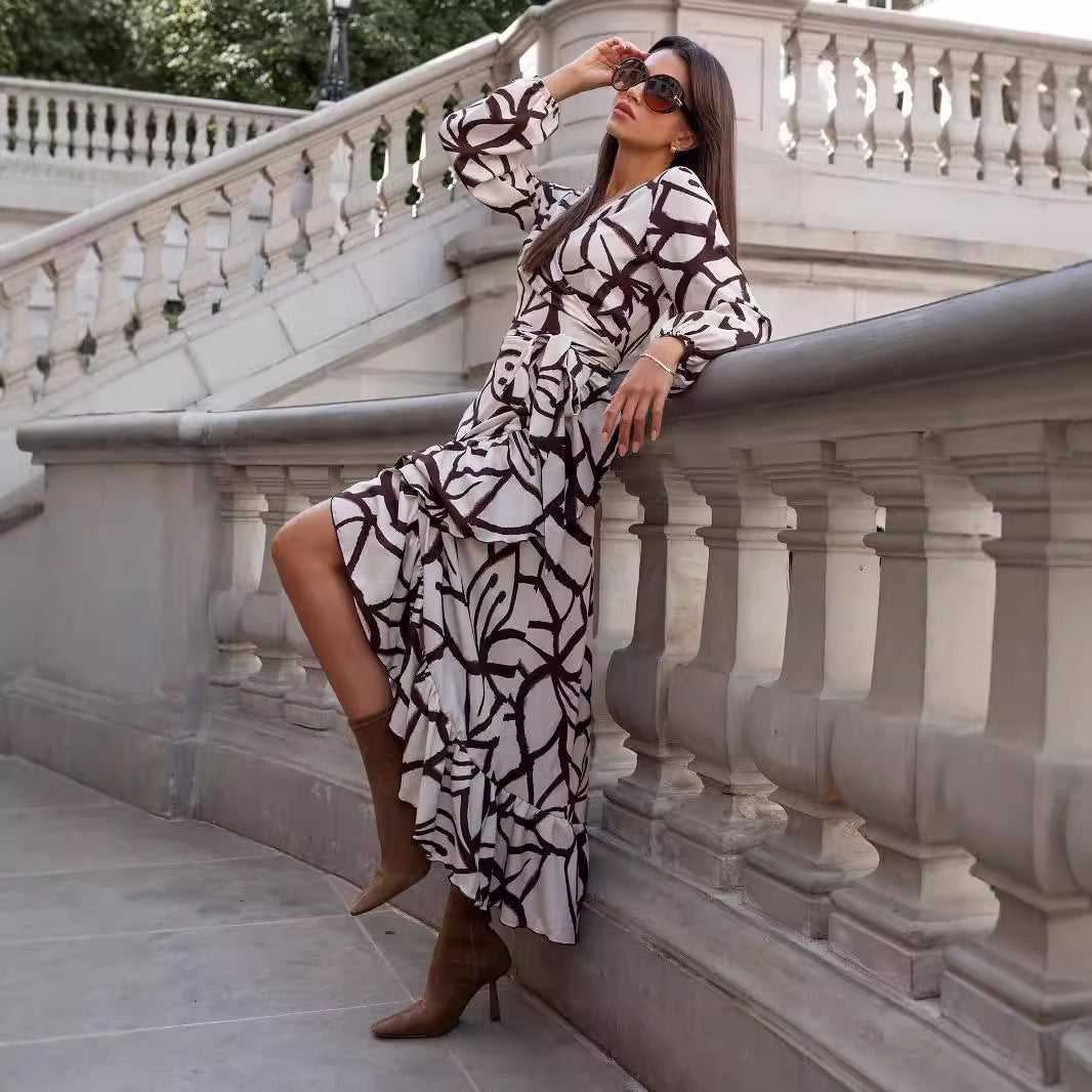 Chic and elegant wrap dress with ruffles for women with asymmetric hem