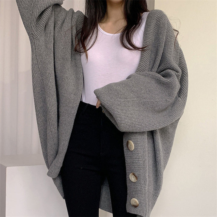 Ladies comfortable oversized knit cardigan with large buttons Lune London