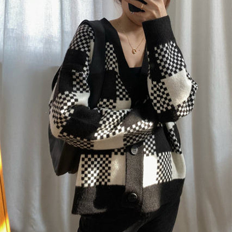 Ladies chunky knit cardigan with contrasting check pattern and button details Lune London