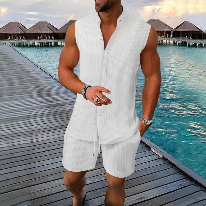 Men's casual sleeveless summer outfit living room Lune London
