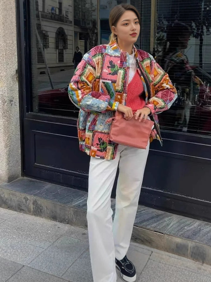 Ladies quilted jacket design with colorful patterns Lune London