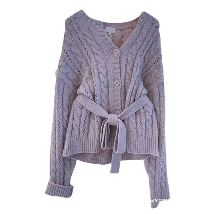 Knitted women's jacket with waist belt and embossed pattern Lune London