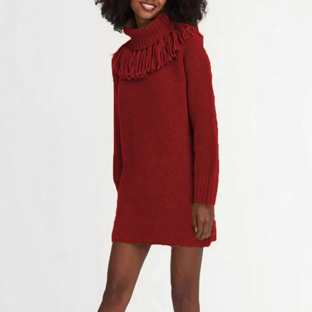 Knit dress for women with high turtleneck and trendy fringes Lune London