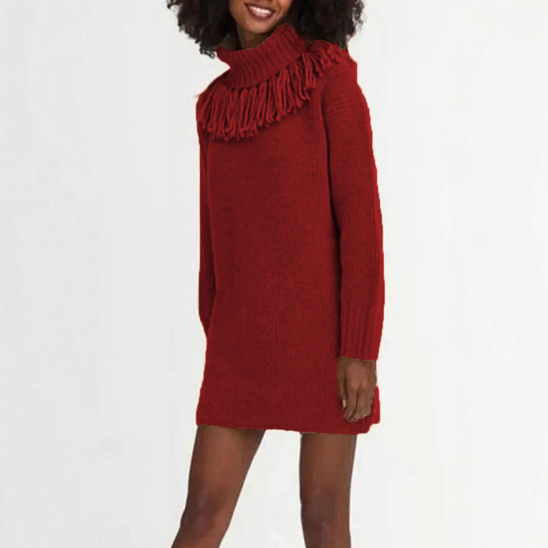Lune London | Women's knitted dress with high turtleneck and fashionable fringes