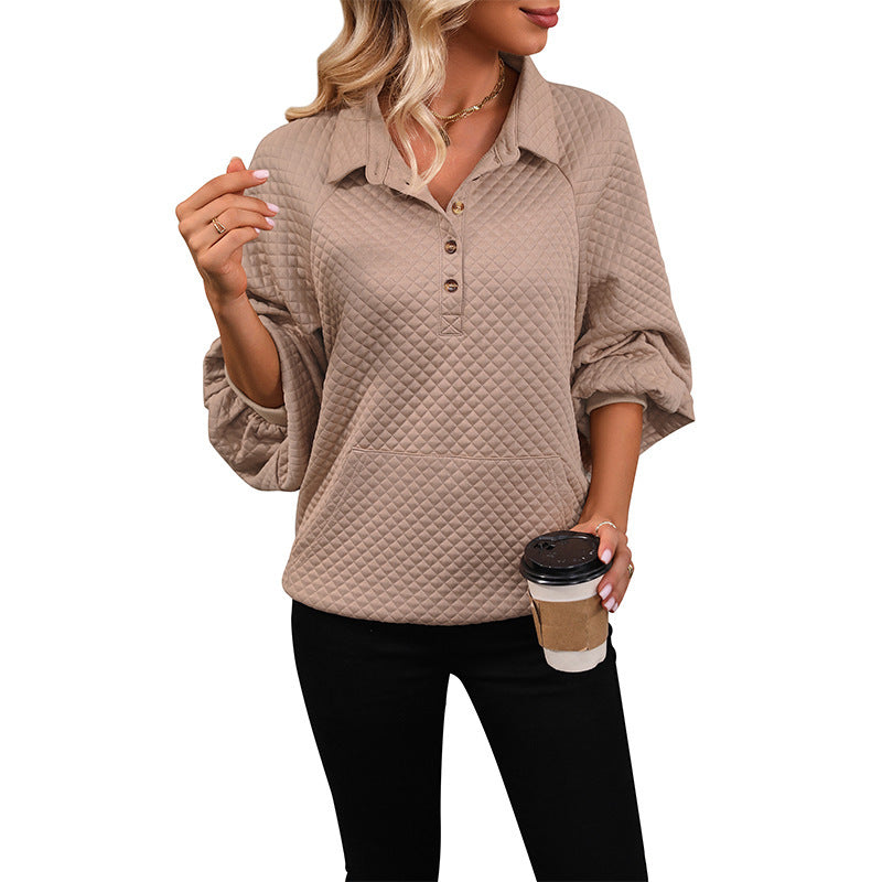 Oversized sweater for ladies with textured waffle pattern and button placket Lune London