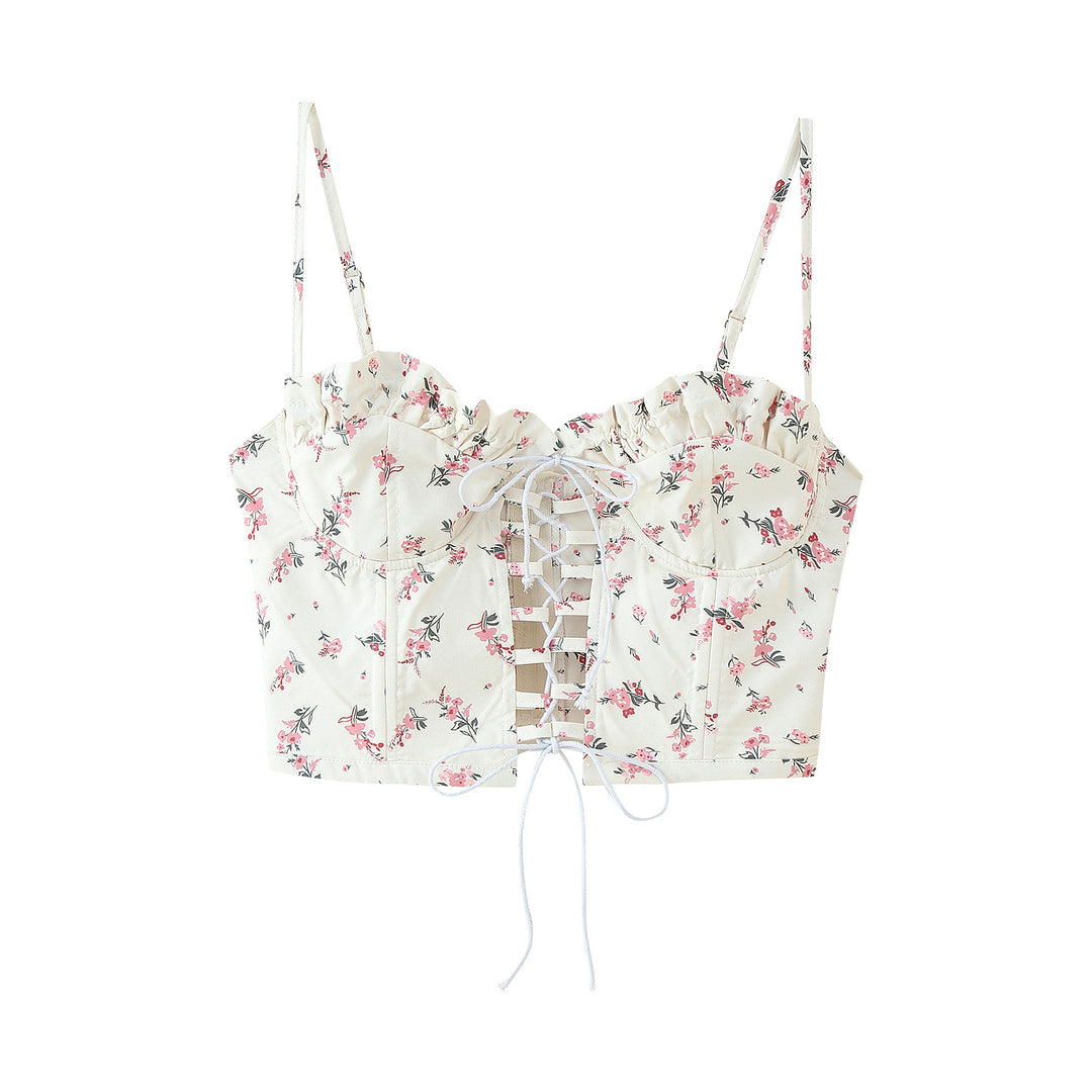 Women's tank top with ruffle details and floral pattern Lune London