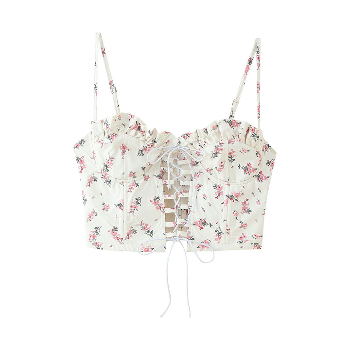 Women's tank top with ruffle details and floral pattern Lune London