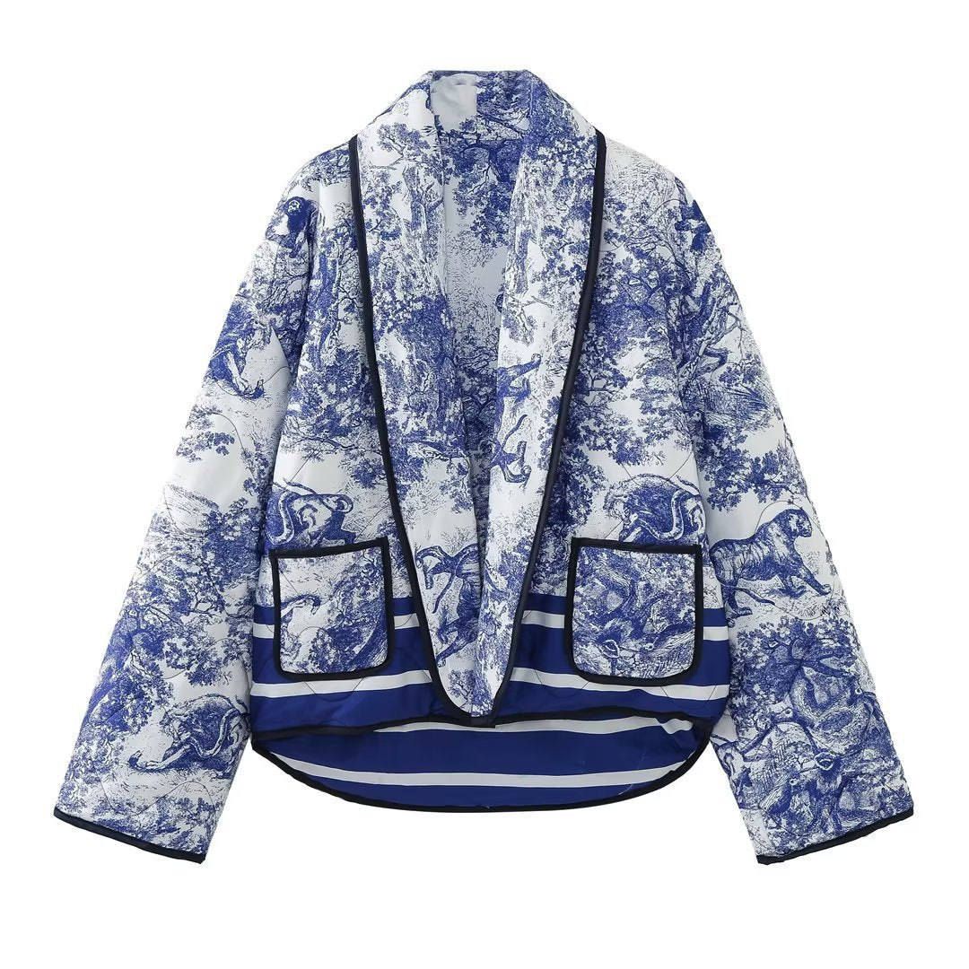 Ladies Oversized Quilted Jacket with Floral Pattern and Contrasting Details Lune London