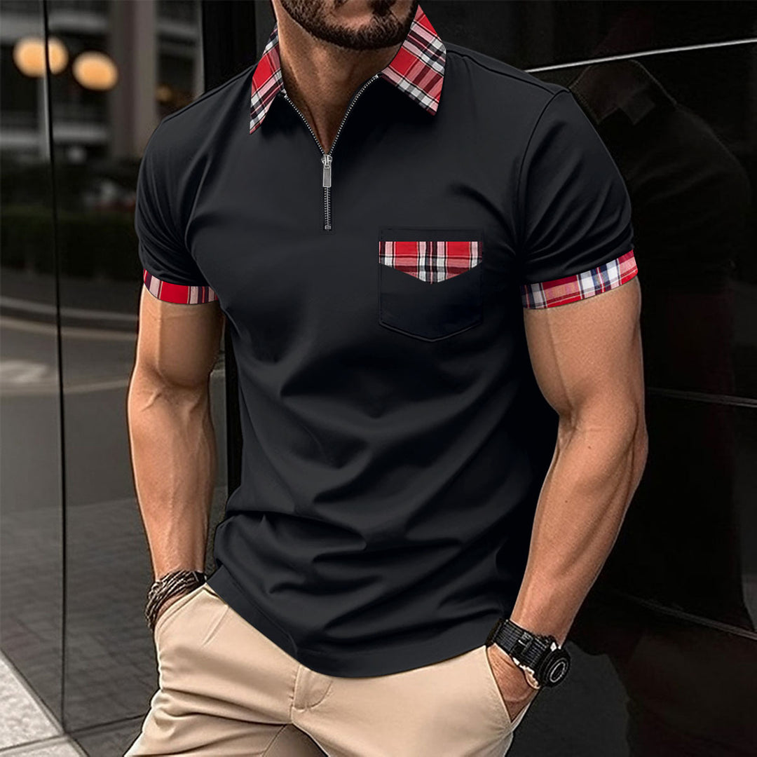 Men's modern half-zip polo with chic and stylish check detail