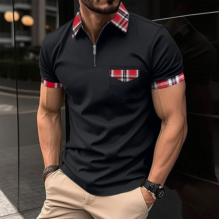 Men's modern half-zip polo with chic and stylish check detail