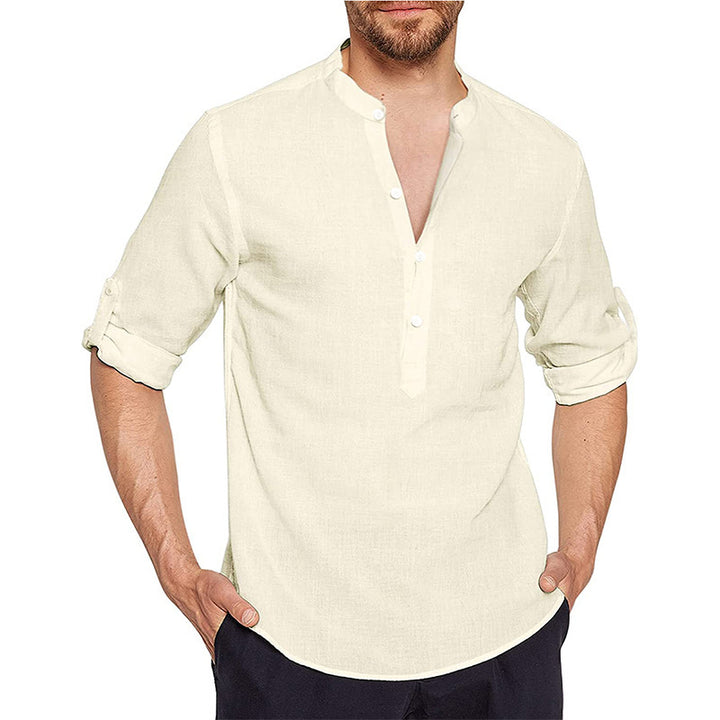 Men's linen shirt with modern high collar and classic button placket Lune London