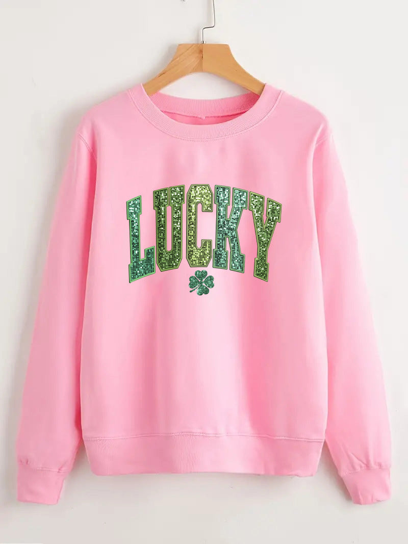 Sweatshirt décontracté pour femmes avec lettrage étincelant et motif de trèfle Chic & Stil