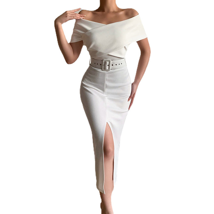 Evening dress for ladies with off-shoulder design and high slit Lune London