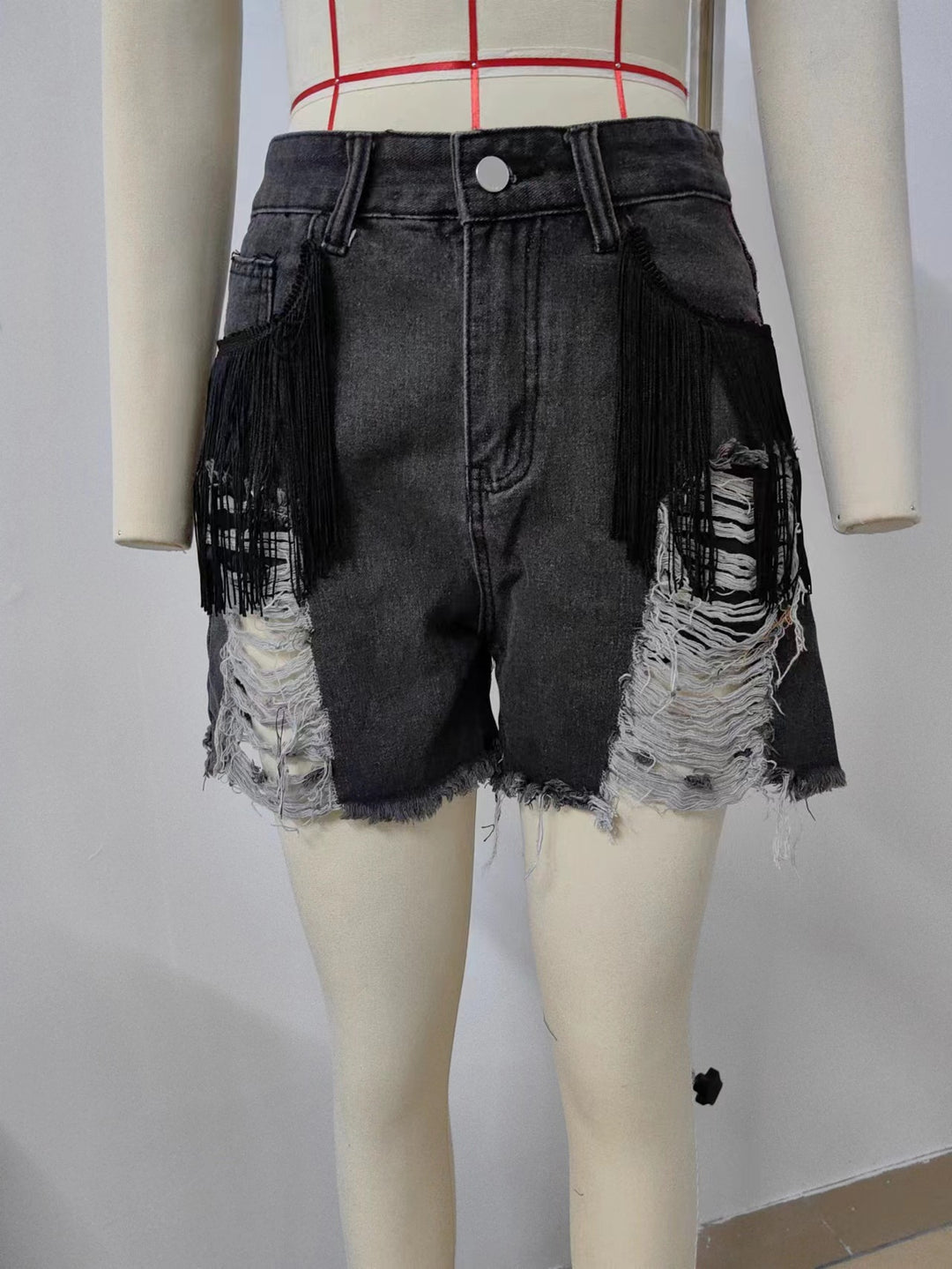 Women Chic and Stylish Refined Denim Shorts with Fringes and Distressed Elements