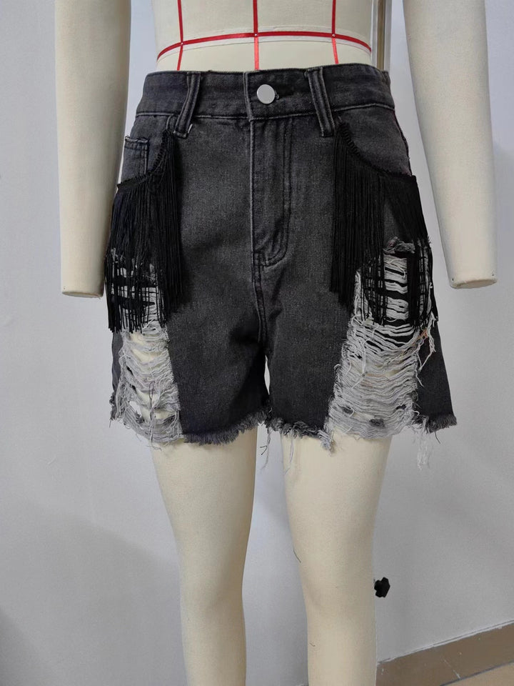 Women Chic and Stylish Refined Denim Shorts with Fringes and Distressed Elements
