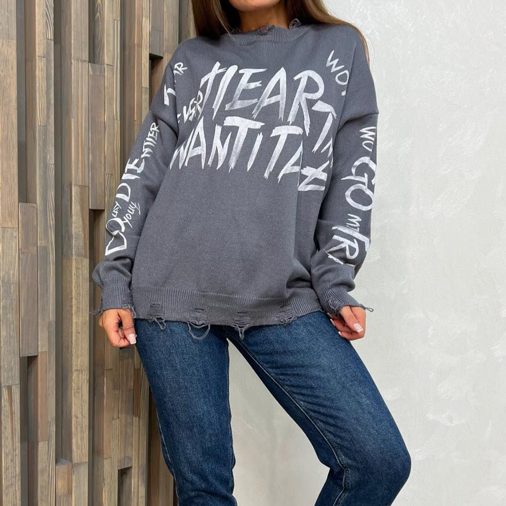 Oversized sweatshirt for women with creative inscription and trendy ripped details Lune London