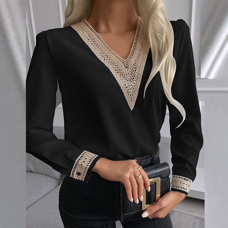 Ladies Elegant V Neck Blouse with Decorative Lace Lune London