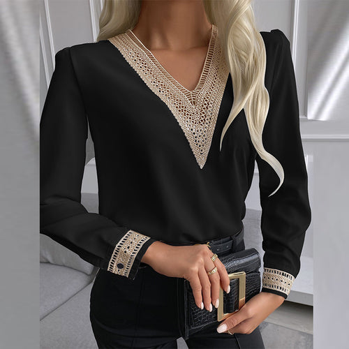 Ladies Elegant V Neck Blouse with Decorative Lace Lune London