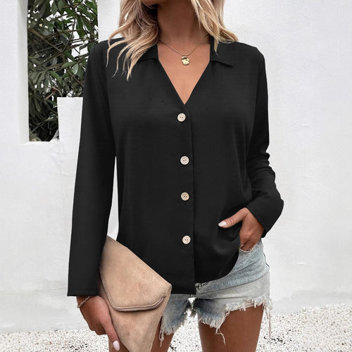 Trendy women's blouse with V-neck and button details Lune London