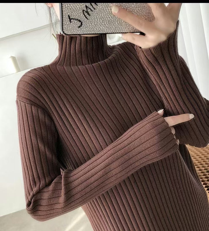 Knit dress for women with a fine ribbed texture and a high collar Lune London