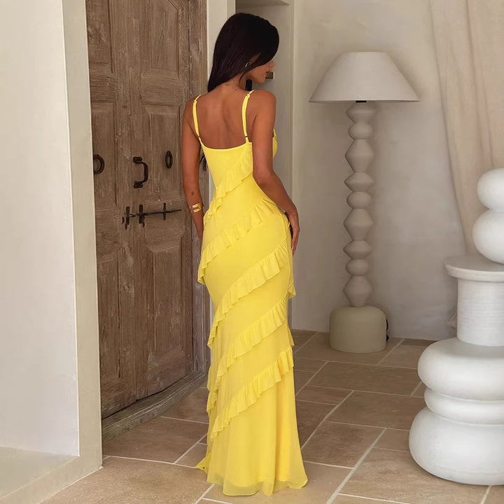 Women's maxi dress with elegant ruffle design and adjustable straps Lune London