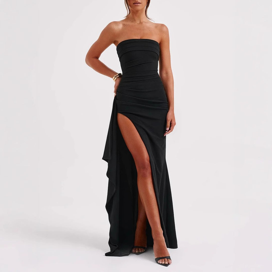Women Elegant Strapless Evening Dress with Asymmetric Slit Lune London