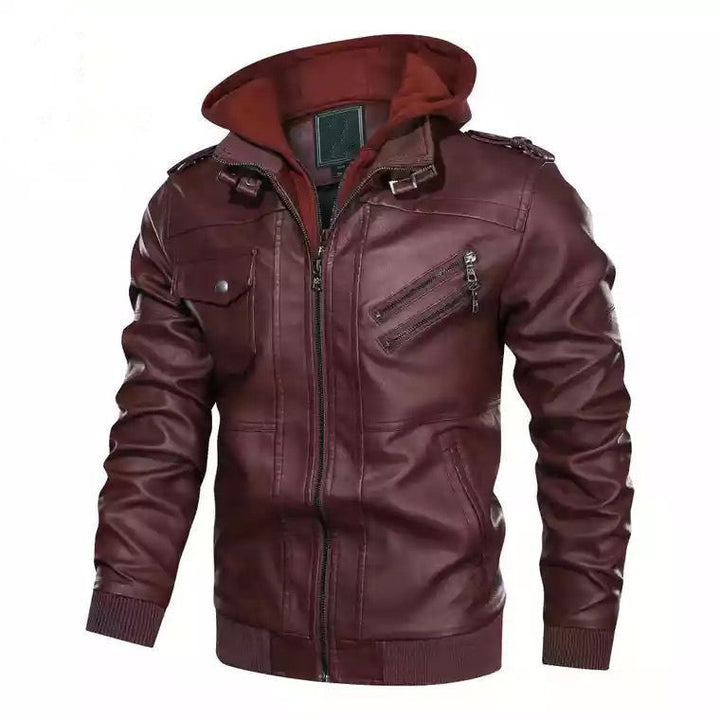 Men's soft leather motorcycle jacket with removable hood and practical zip pockets Lune London